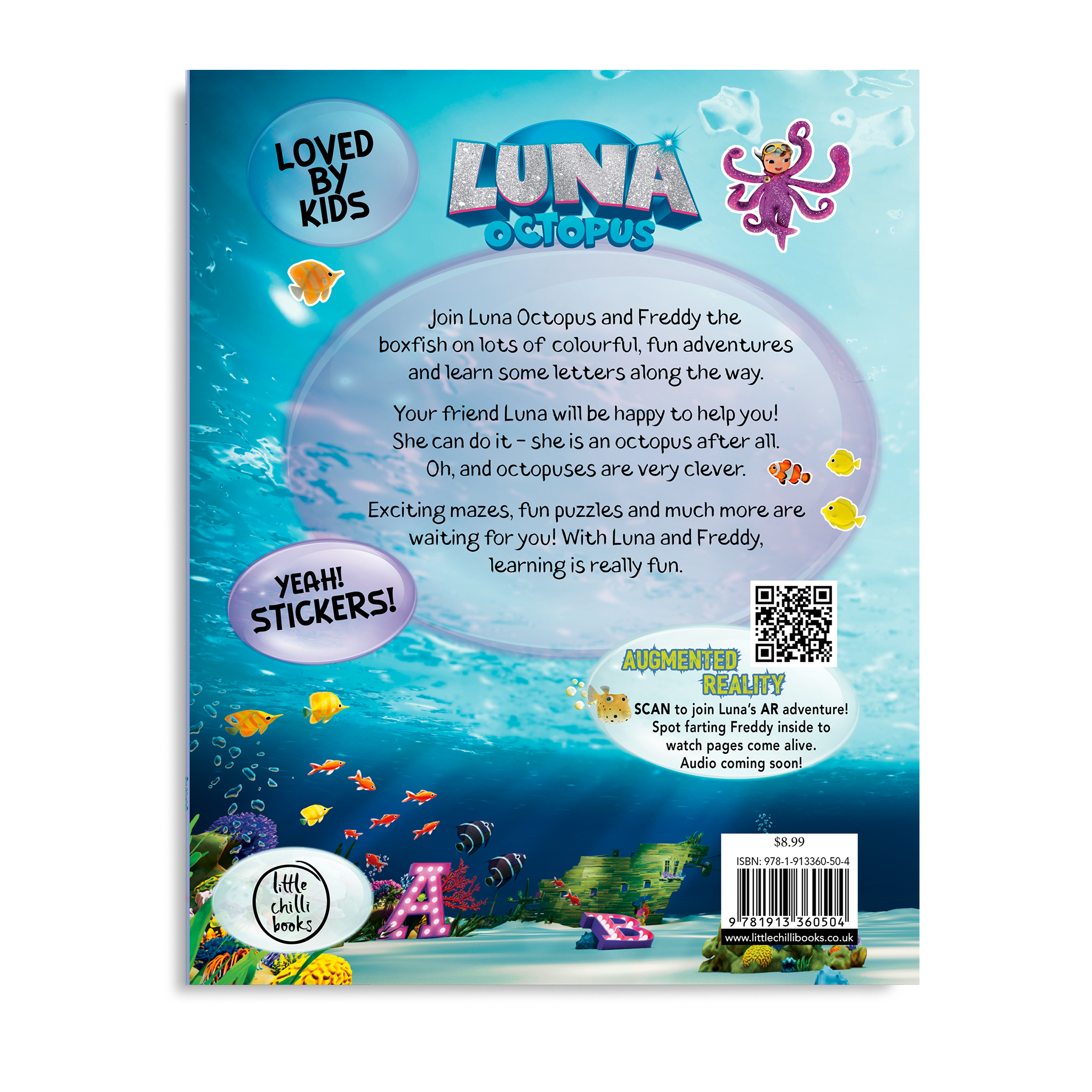 Back cover of Write with Luna sticker activity book with Augmented Reality experience and ocean-themed activities
