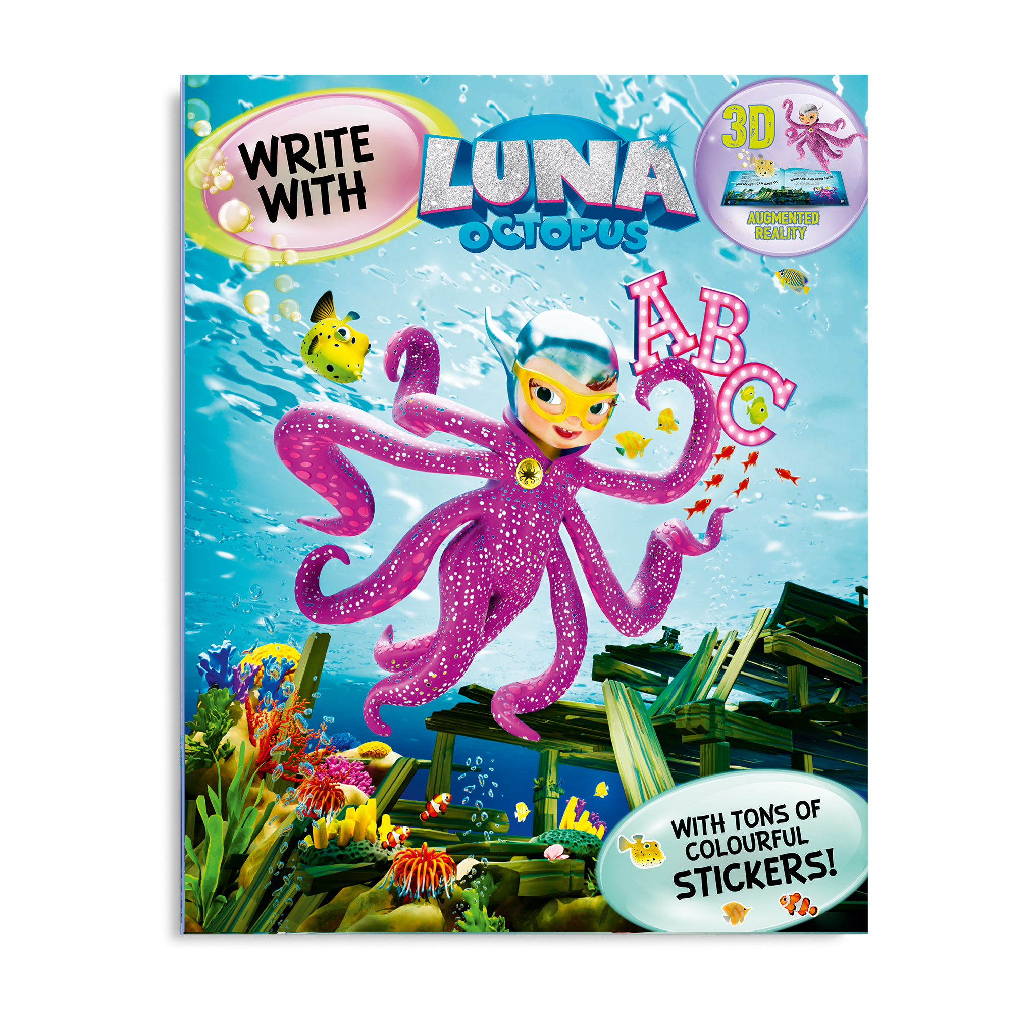 Write with Luna sticker activity book cover featuring Luna Octopus in her colourful underwater world