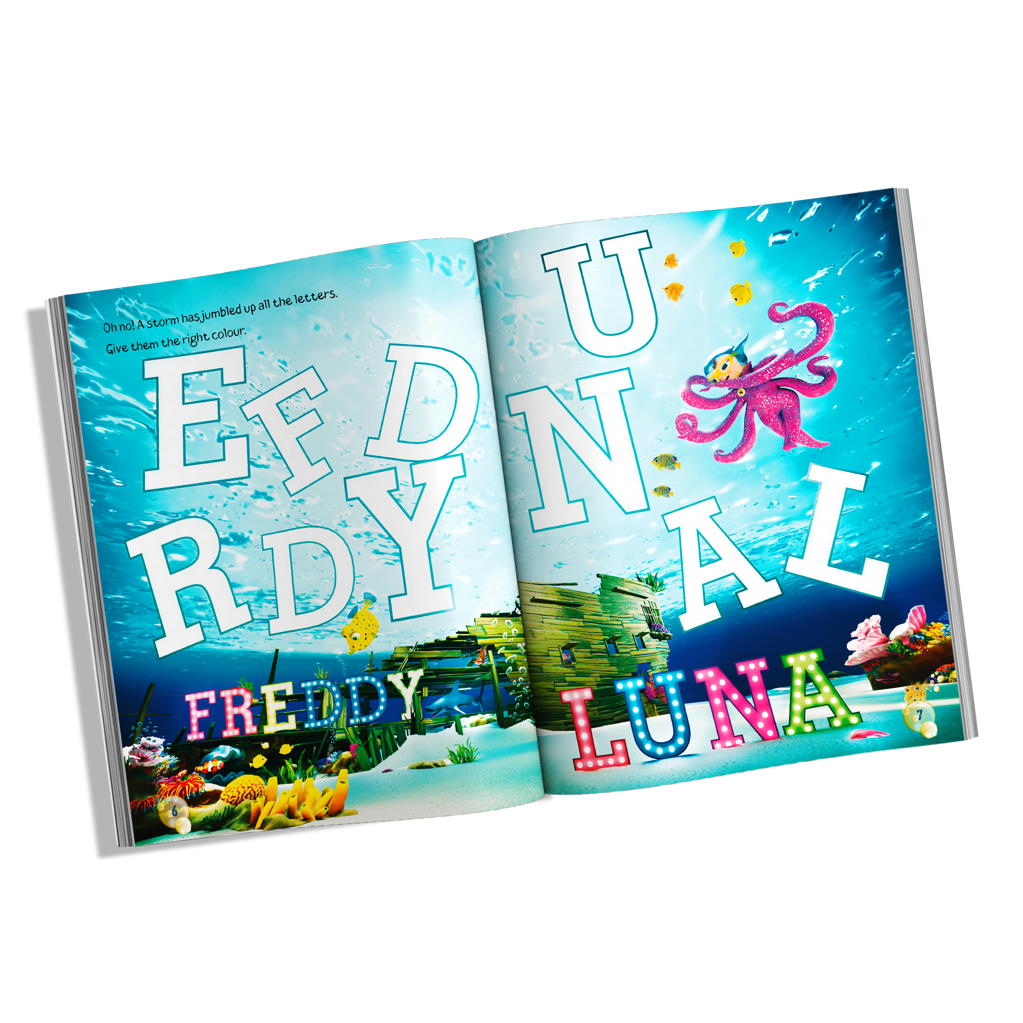 Write with Luna activity book spread featuring Luna Octopus, Freddy and playful underwater letter activities for early writing practice