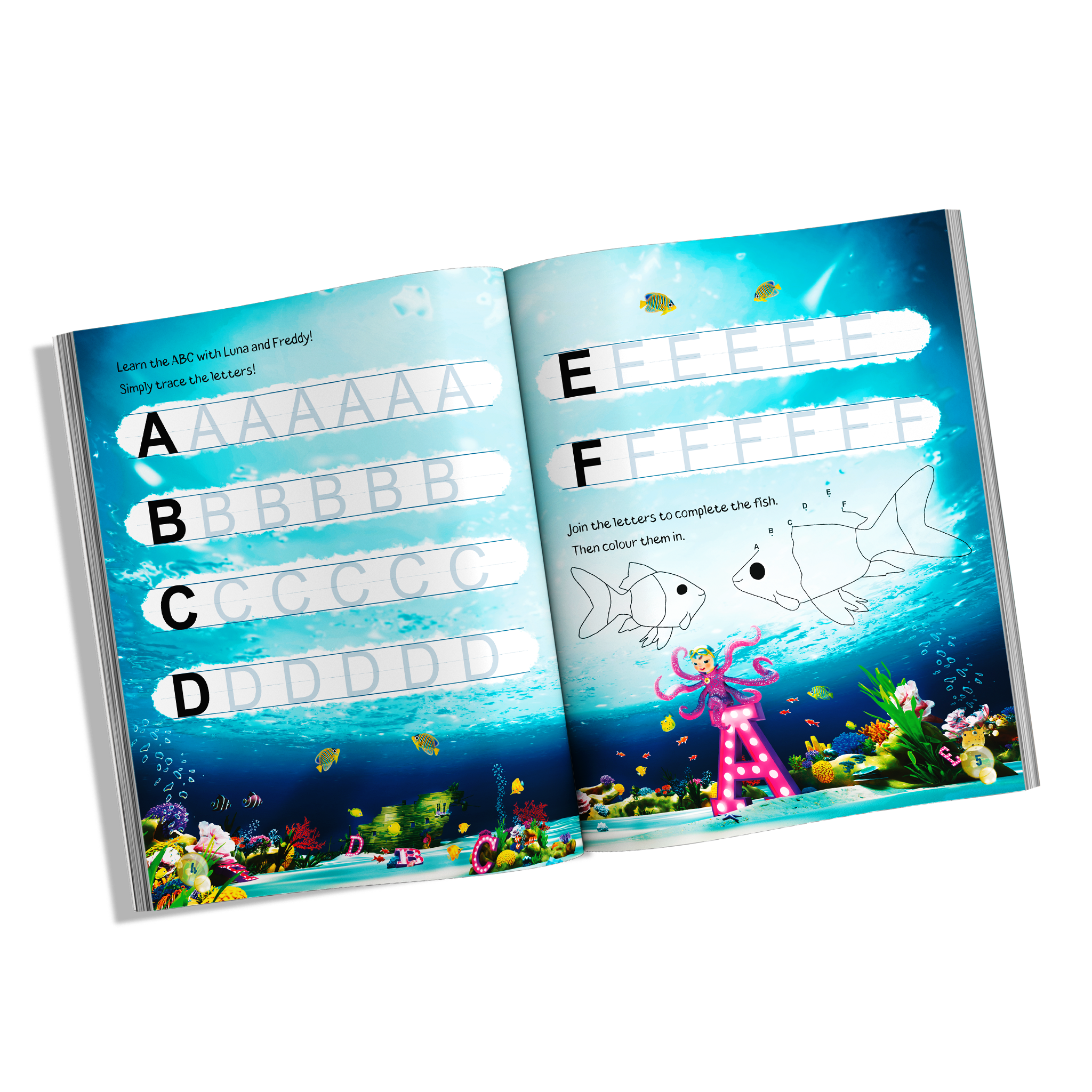 Write with Luna activity book spread with alphabet tracing, letter practice and a playful fish drawing activity in Luna Octopus’ underwater world