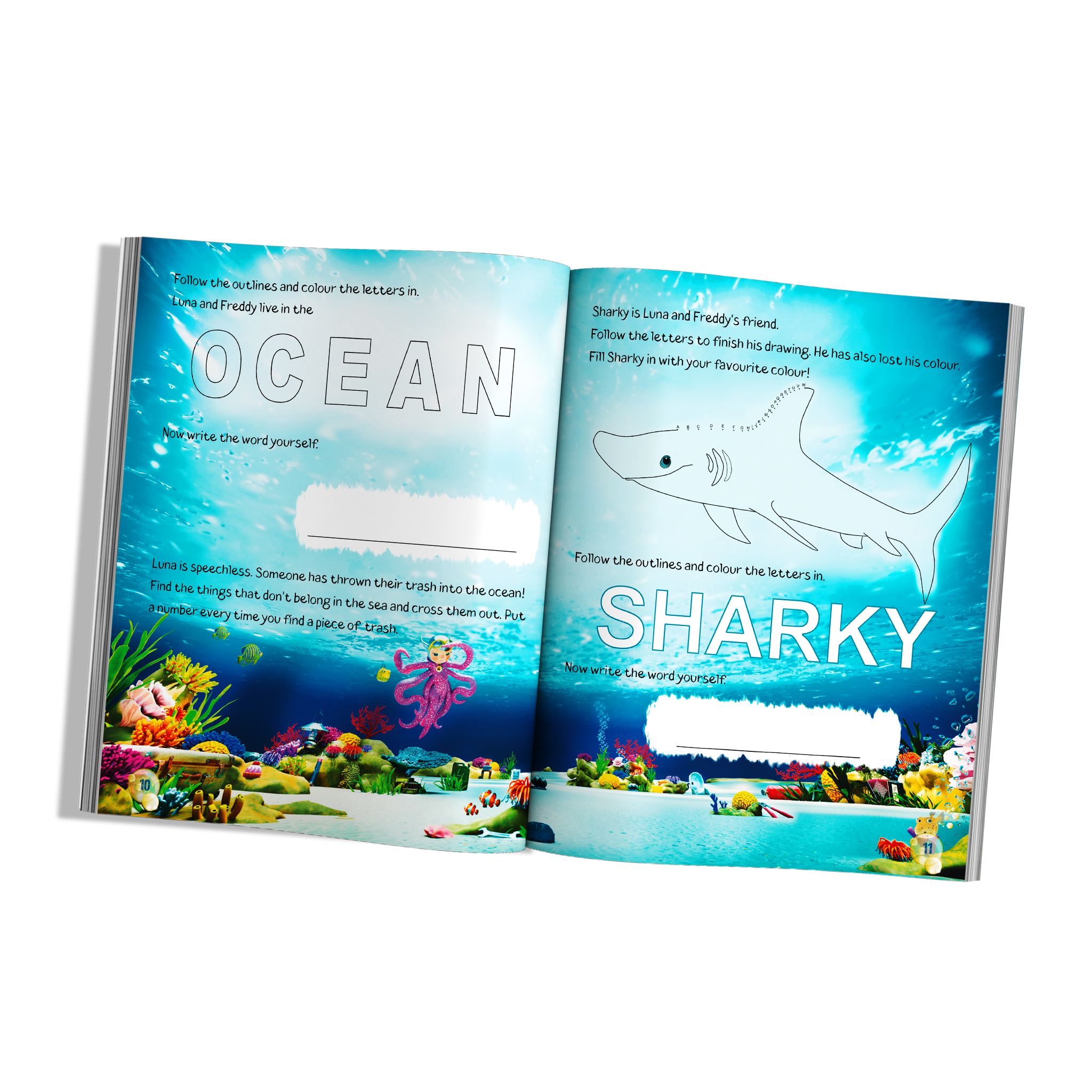 Write with Luna activity book spread with ocean-themed writing practice, Sharky the shark colouring activity and a playful ocean clean-up challenge with Luna